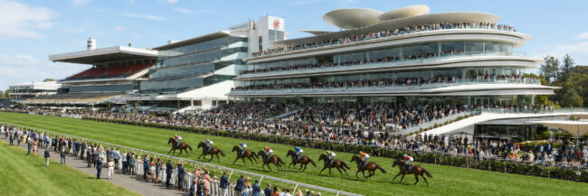 Stadium grandstand filled with spectators as racehorses sprint along the track on a sunny day.