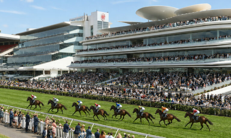 Stadium grandstand filled with spectators as racehorses sprint along the track on a sunny day.